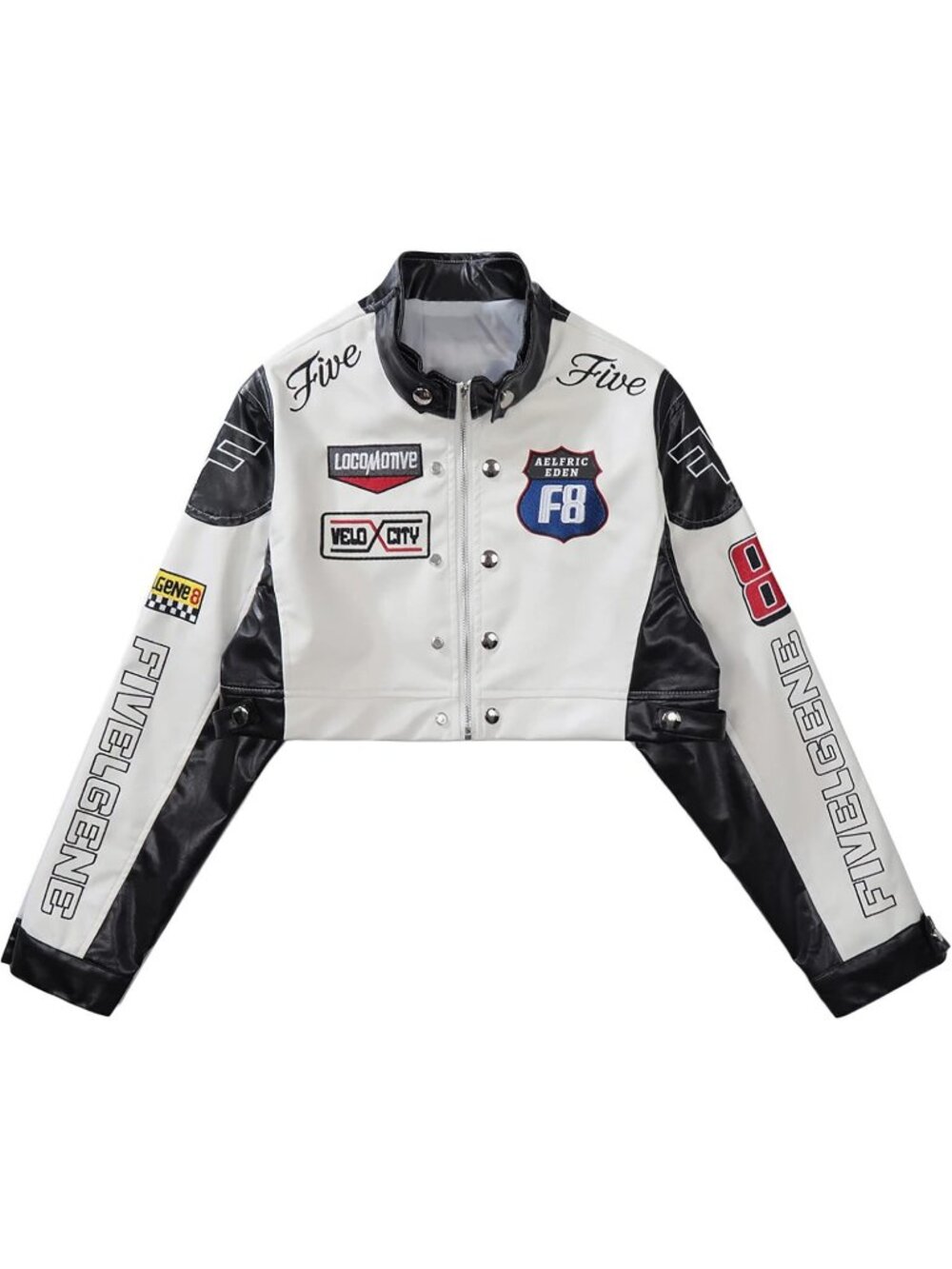 Women's Black Polyester Blend Crop Biker Racing Trendy Fashion Leather Jacket